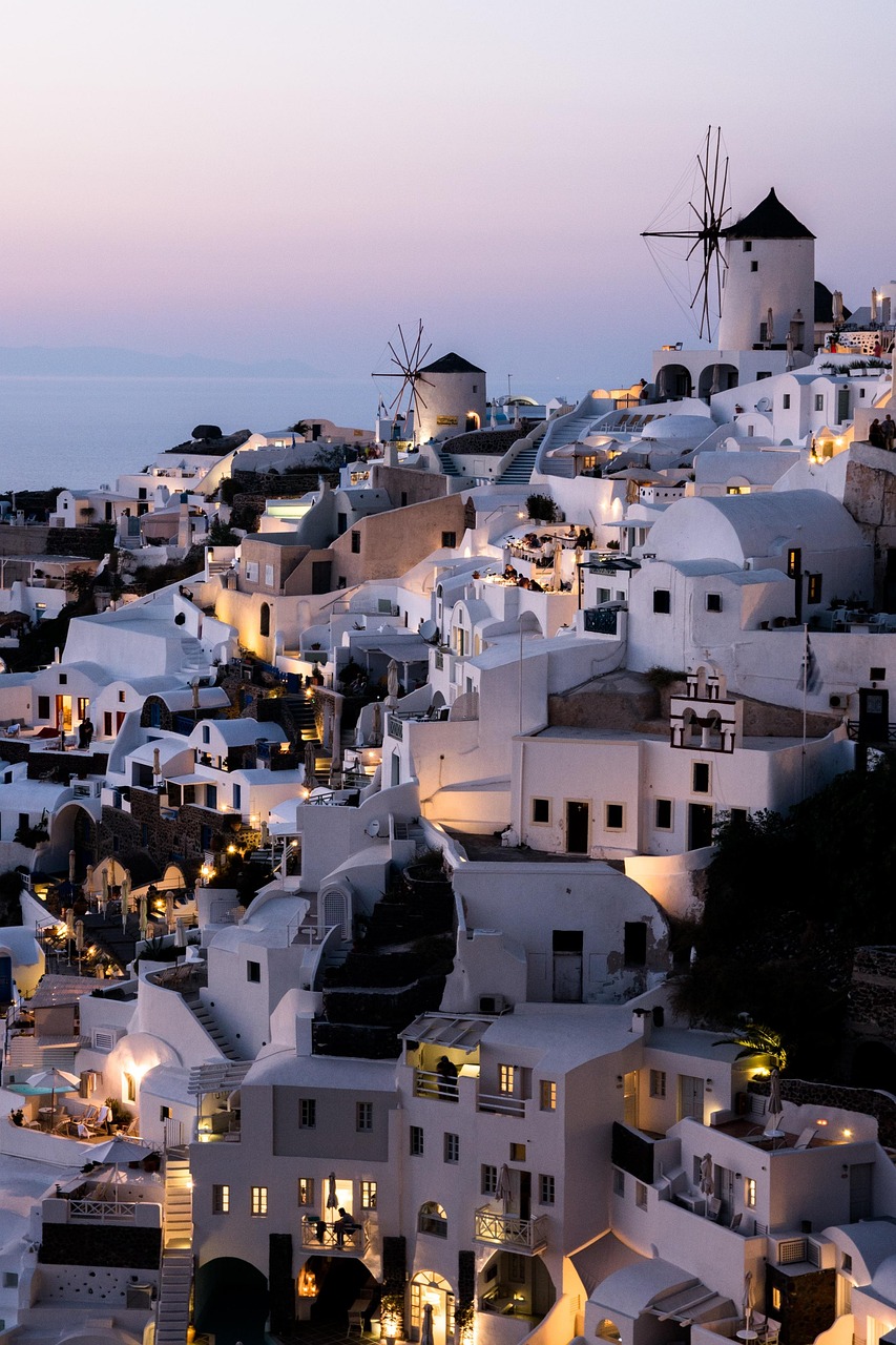 greece, sea, santorini, nature, summer, houses, sea view, greek, architecture, windmills, sunset, place, mood